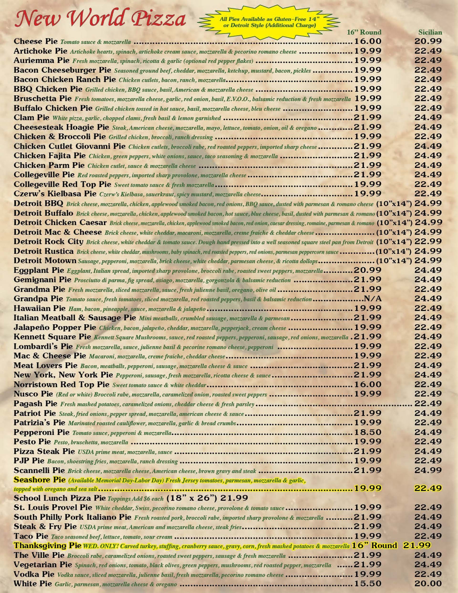 New World Pizza Menu