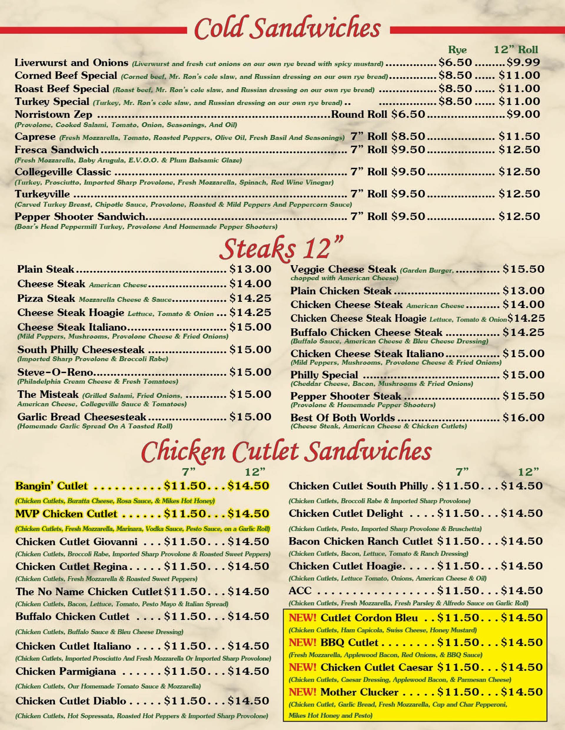 Cold Sandwiches Menu