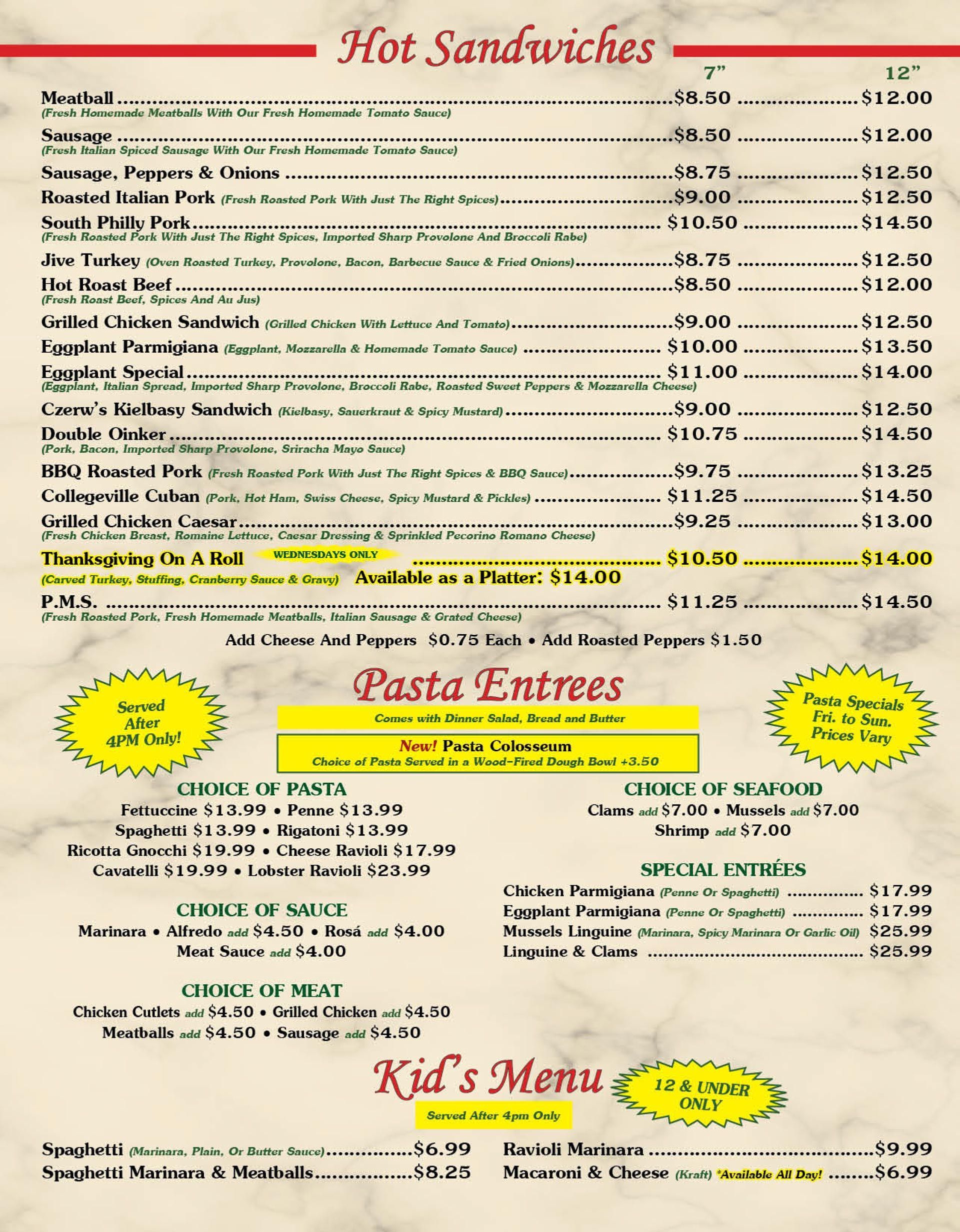 Hot Sandwiches Menu