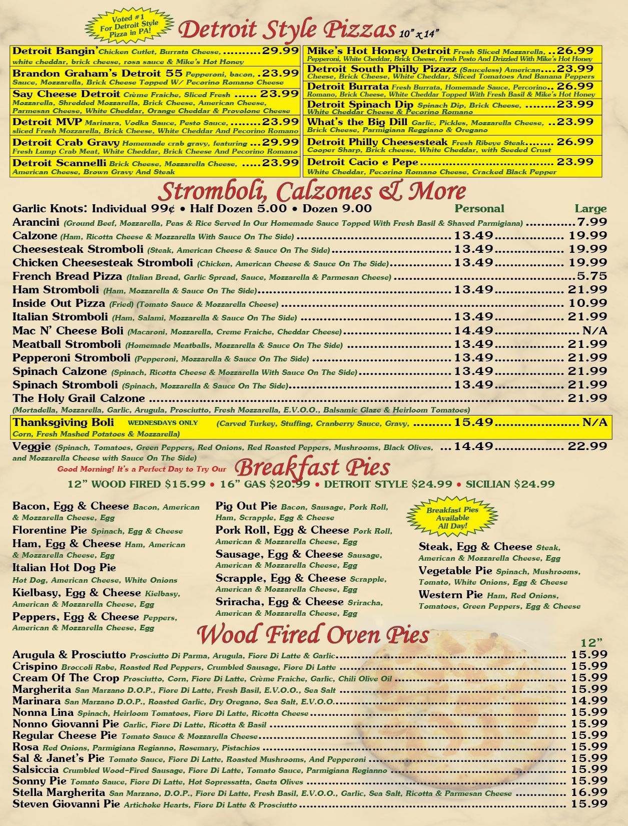 Detroit Style Pizzas Menu