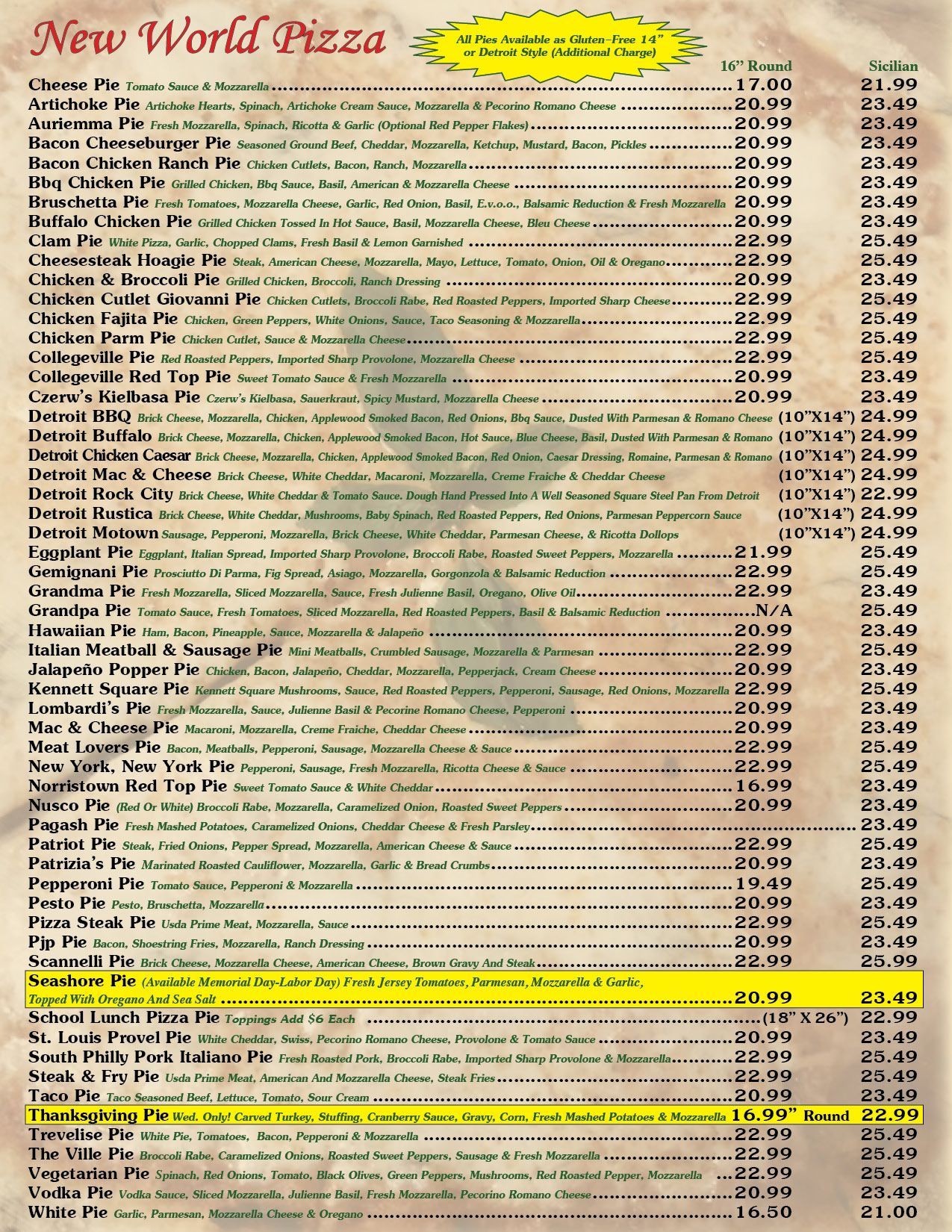 New World Pizza Menu