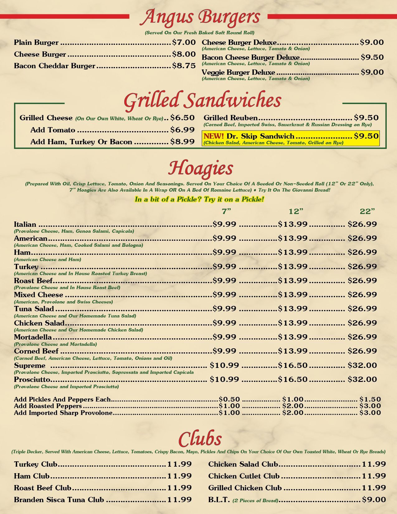 Angus Burgers Menu