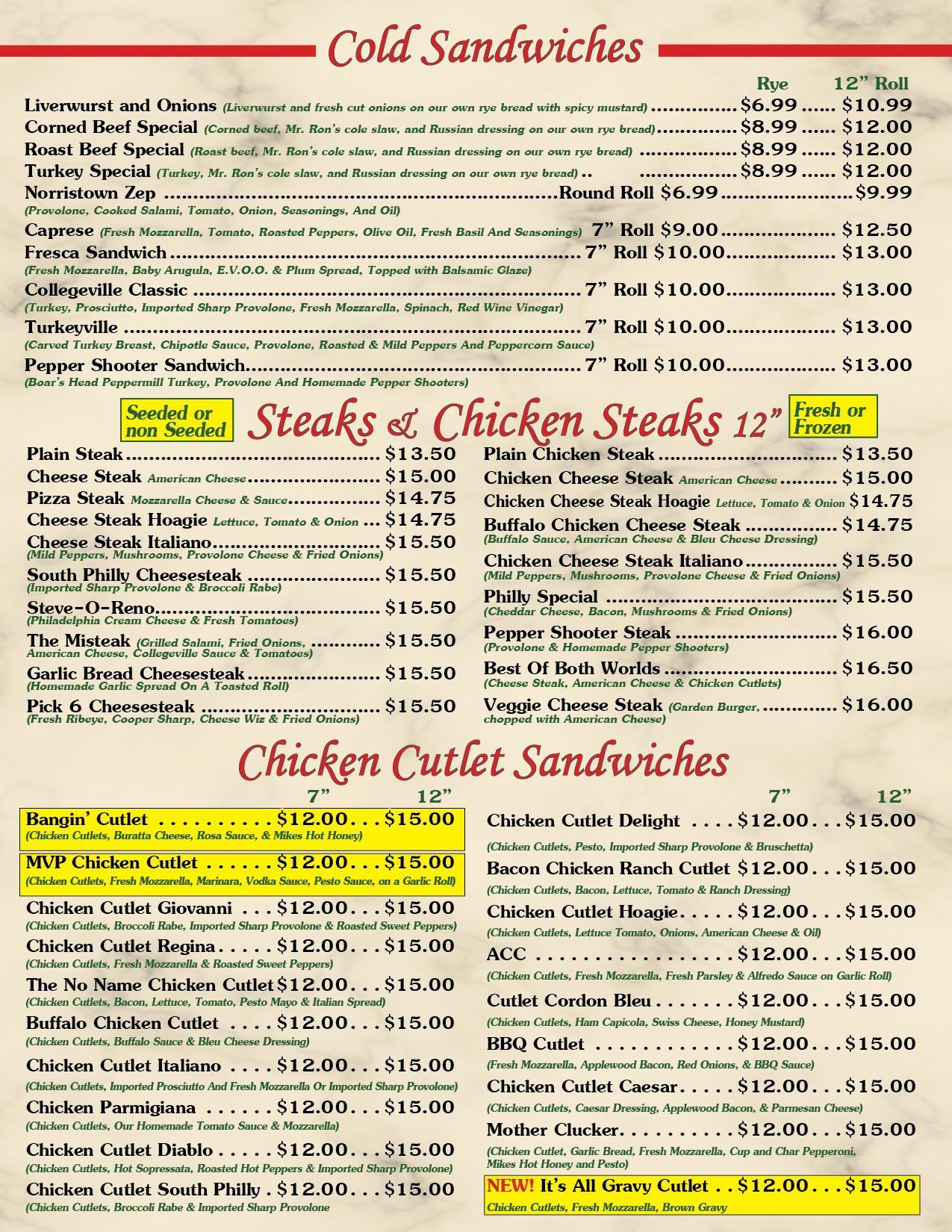 Cold Sandwiches Menu