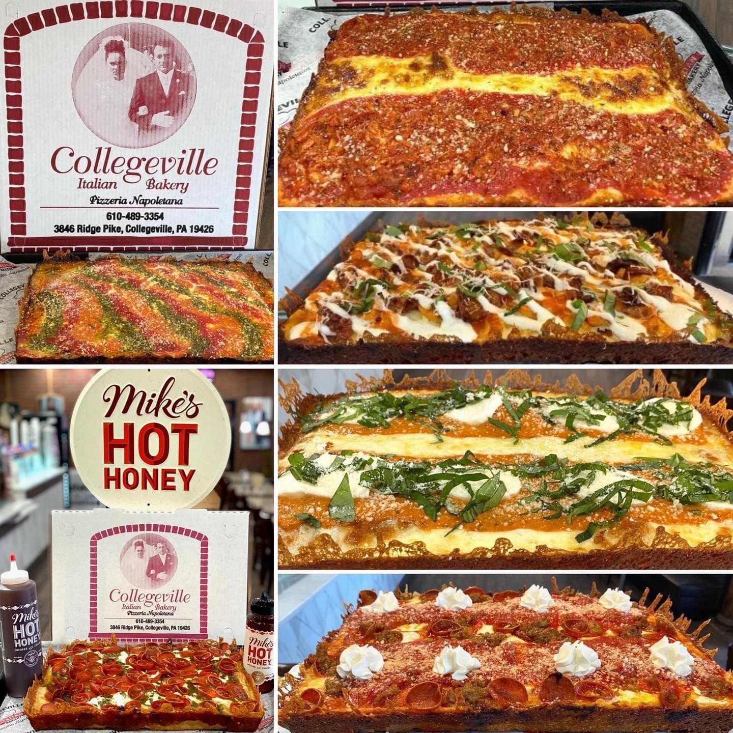 a collage of pizzas with a sign that says mike 's hot honey