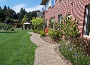 Brick house with a curved garden path, green lawn, and flowering shrubs in bright sunlight