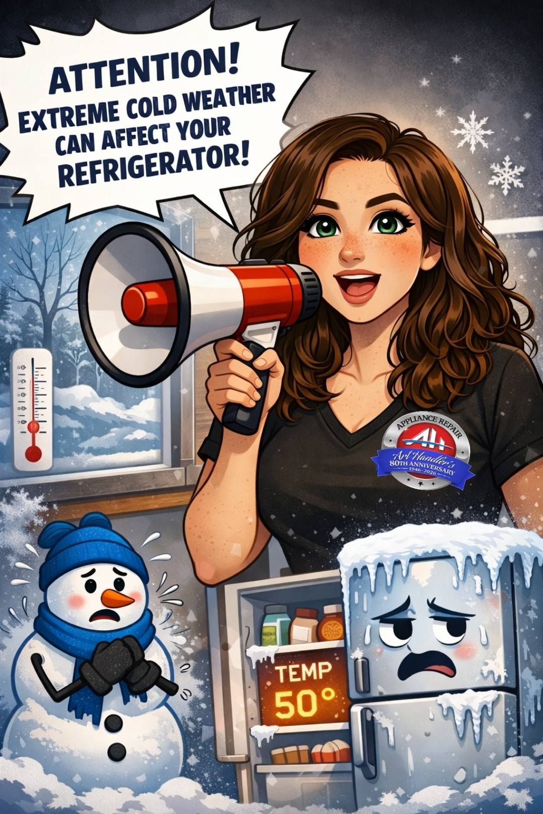 Woman with megaphone warns about extreme cold affecting a sad refrigerator; a snowman and thermometer are in the snowy setting.