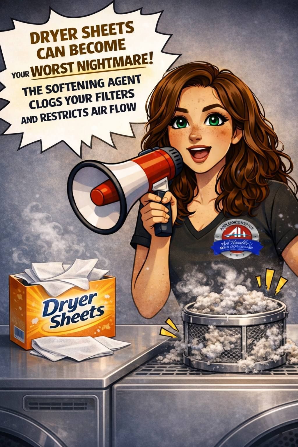 Woman with megaphone warns about dryer sheet use, showing clogged filter and dryer sheets.