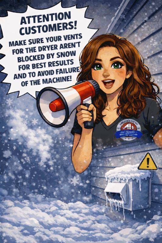 Woman with megaphone warns customers to clear dryer vents of snow. Snowy outdoor setting.
