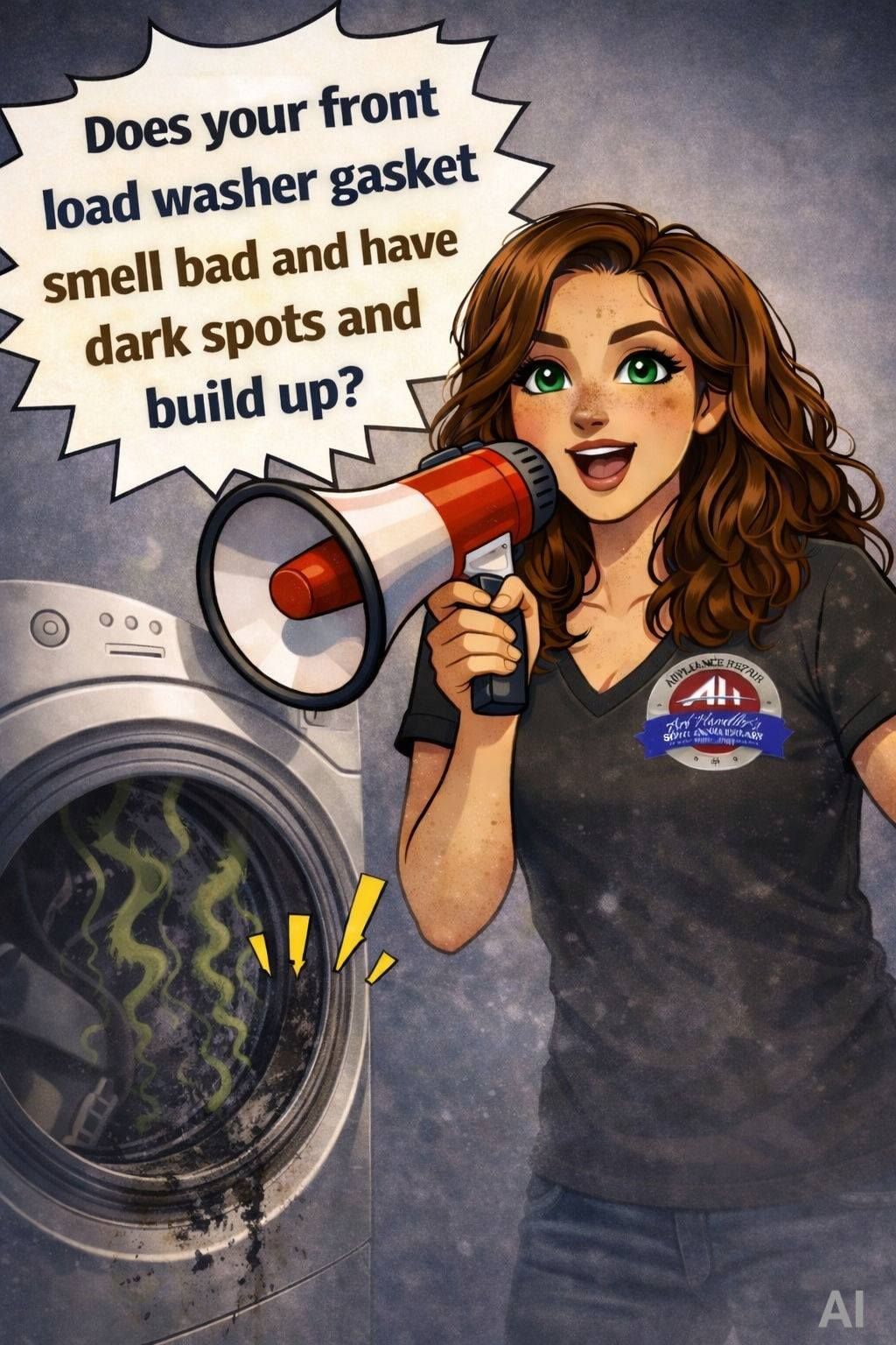 Woman with megaphone pointing at a smelly washing machine with a dirty gasket.