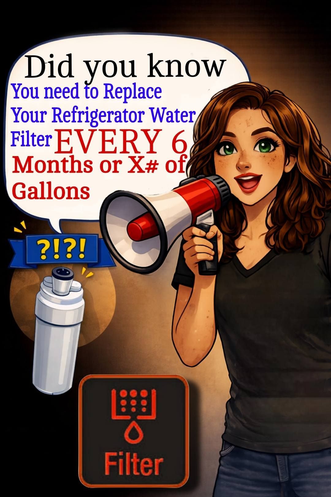 Woman holding a megaphone, promoting refrigerator water filter replacement. Text says: replace filter every 6 months or X gallons.