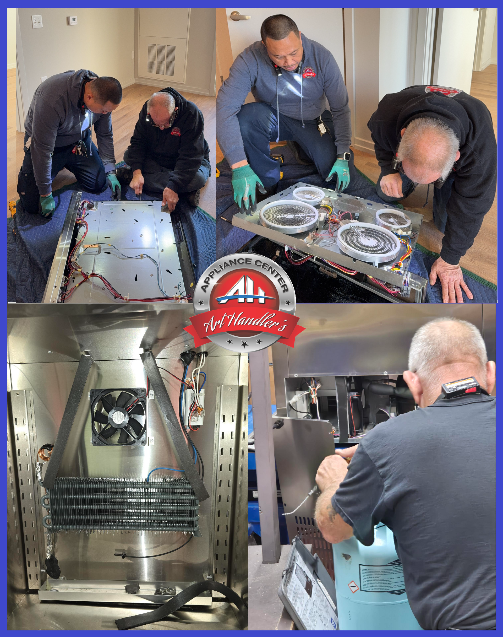 Four technicians working on appliances, including an oven and refrigerator, indoors.