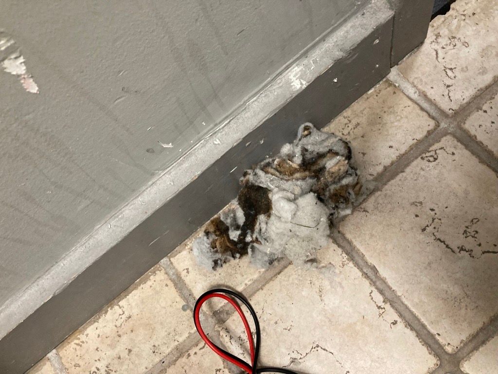 A pile of dirty, matted fabric and debris on a tiled floor near a gray wall.