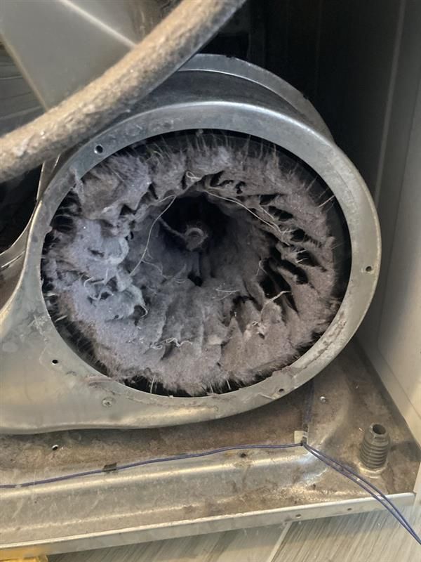 Dryer blower wheel heavily clogged with lint.