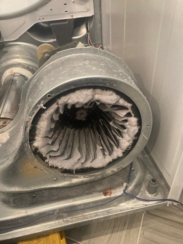 Interior of a dryer; lint-clogged blower housing, showing fan blades and debris buildup.