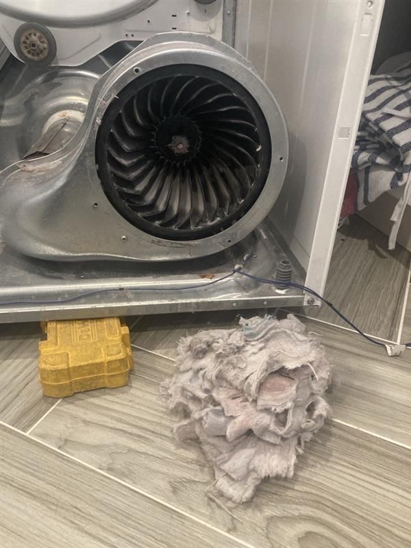 A dryer's open interior reveals a blower fan, lint pile, and a yellow electrical component.