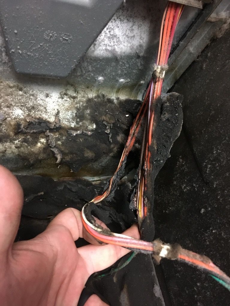 Hand holding damaged electrical wires with melted insulation. Black soot and corrosion are visible.