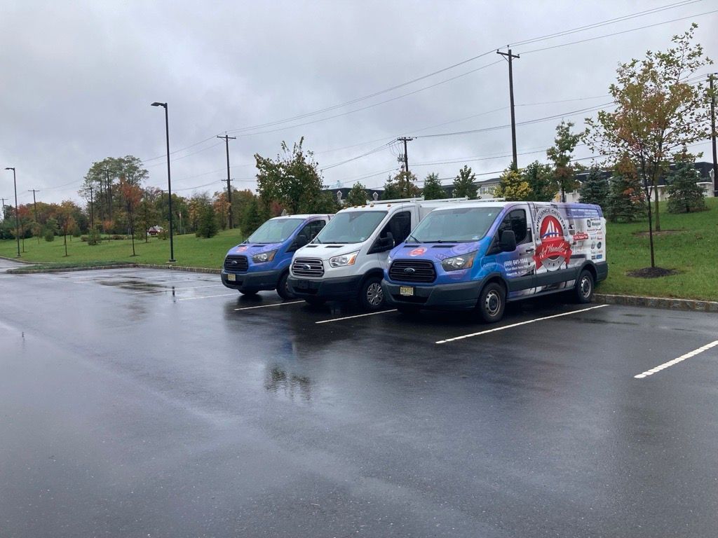 Three vans parked in a lot under overcast skies.