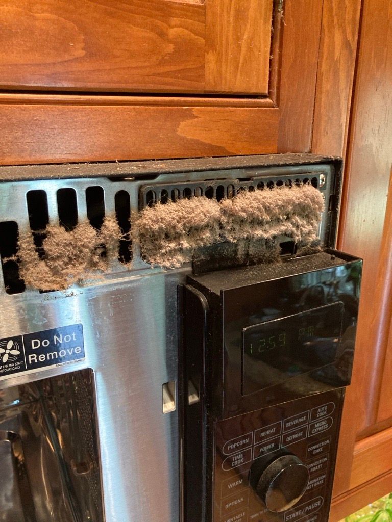 Dusty air vents on top of a microwave built into wooden cabinets.