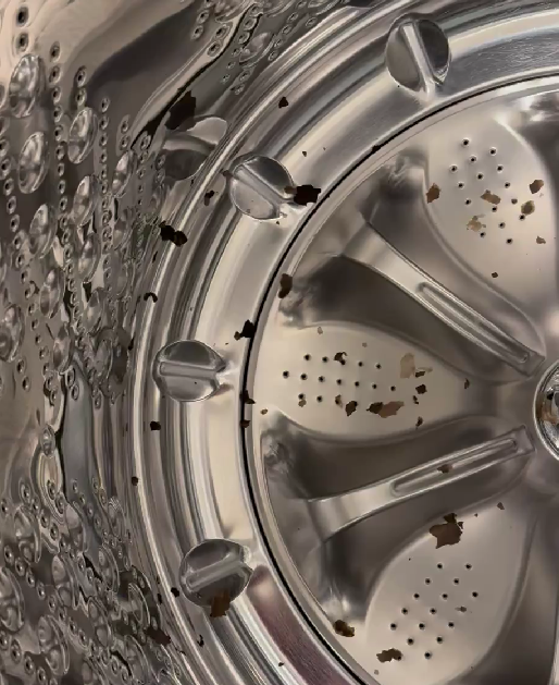 Inside a stainless steel washing machine drum, showing residue and holes.