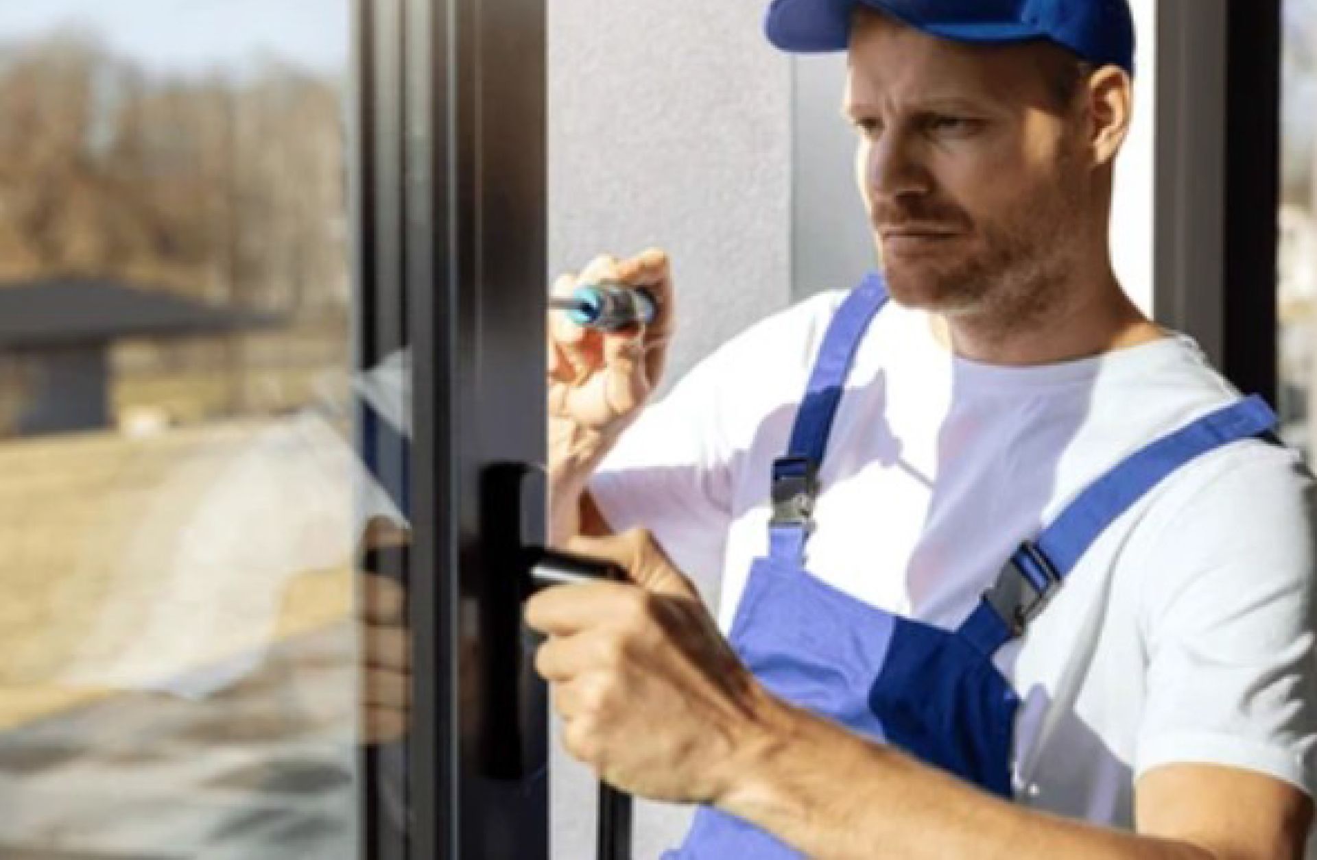 A man in blue overalls is working on a window.