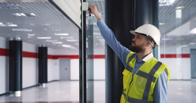 A man in a hard hat and safety vest is working on a building.