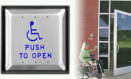 A woman in a wheelchair is pushing a button to open a door.