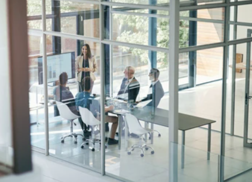A group of people are having a meeting in a conference room.
