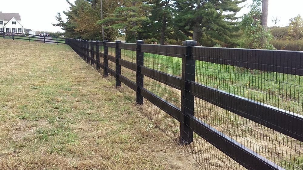 Black split-rail fence with mesh backing runs through a grassy field. Trees and a house are in the background.