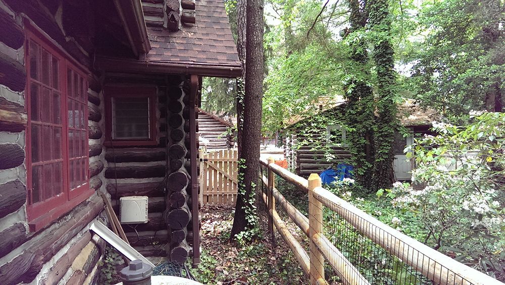 Wooden cabin exterior with red-framed windows, a rustic wooden fence, and lush green foliage.