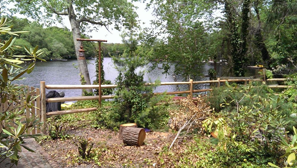 Lush waterfront scene with a split-rail fence, a tree trunk, and a bird feeder in front of a dark body of water and trees.