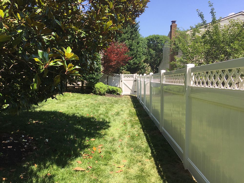 Lawn with white fence, gate, and trees. Green grass and foliage. Sunny day.
