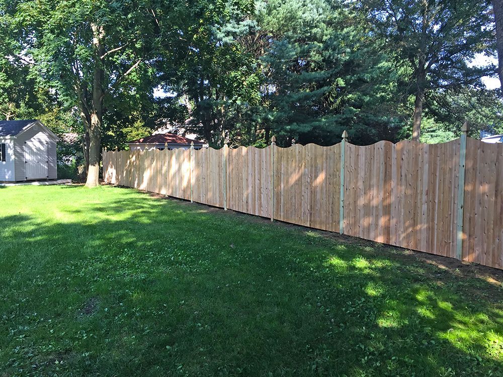 A wooden fence with a decorative top surrounds a green lawn, with trees and a shed in the background.