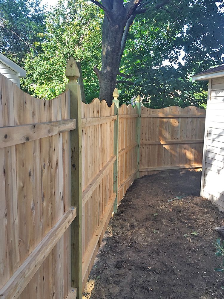 Wooden fence with decorative top, curving around a yard. Tree in the background.