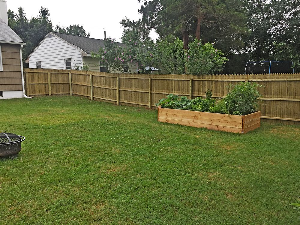 Lawn with wooden fence and raised garden bed filled with plants. House in background.