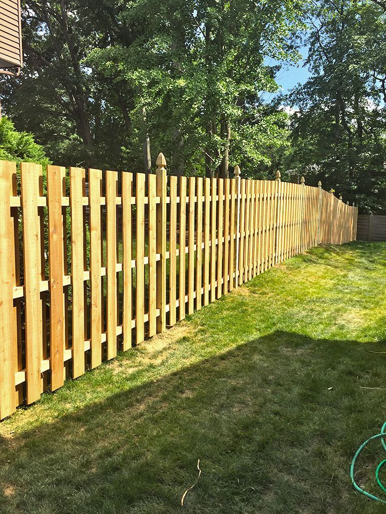 Wooden fence in a backyard with green grass, trees, and a clear sky.