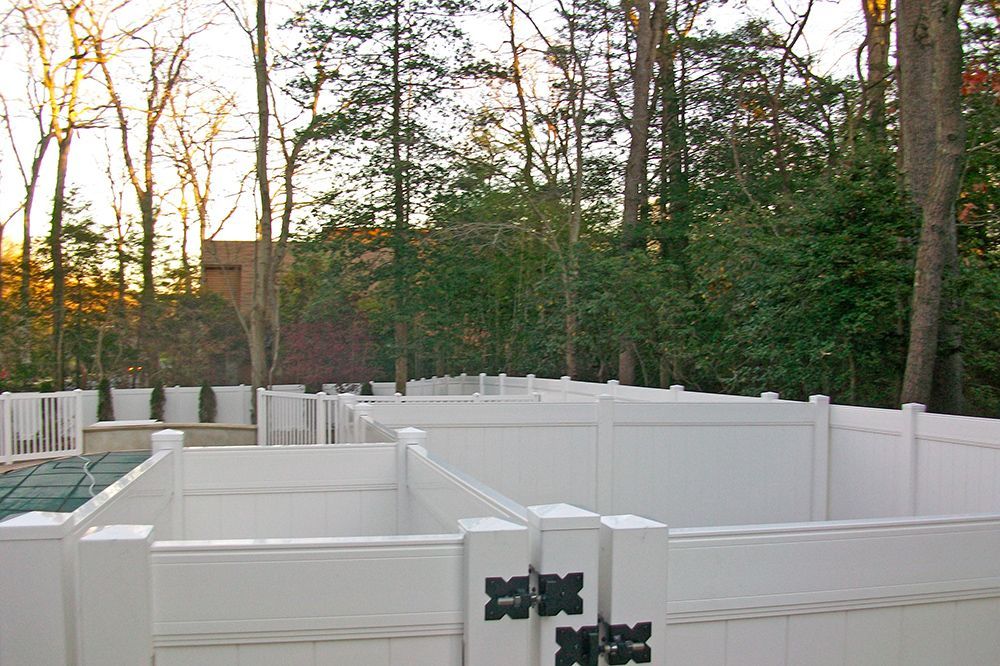 White fence encloses a backyard with trees and a building in the background.