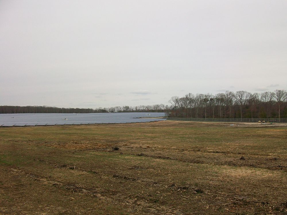 Grassy field leads to a lake with trees on the right and cloudy sky overhead.