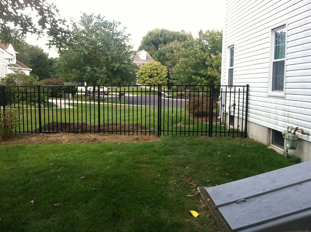 Black metal fence in a grassy backyard, adjacent to a white house. Trees in background.