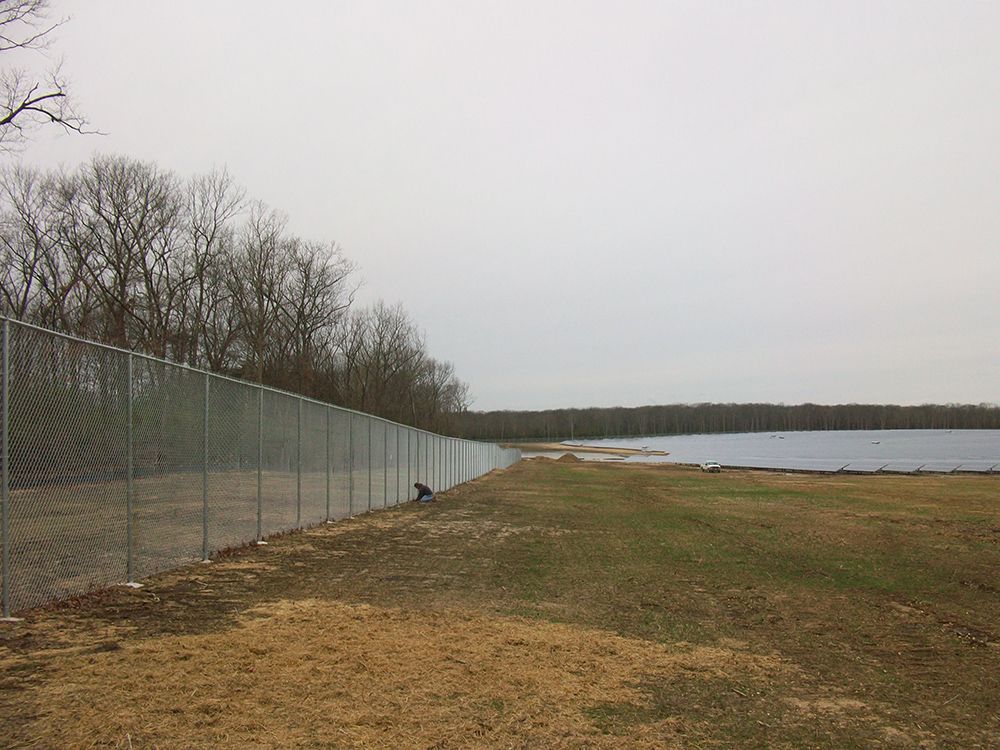 Chain-link fence borders grassy field and lake under overcast sky, with trees visible in the background.