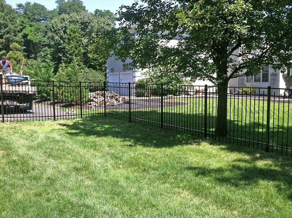 Black metal fence encloses a green lawn, shaded by a tree, with a house in the background.