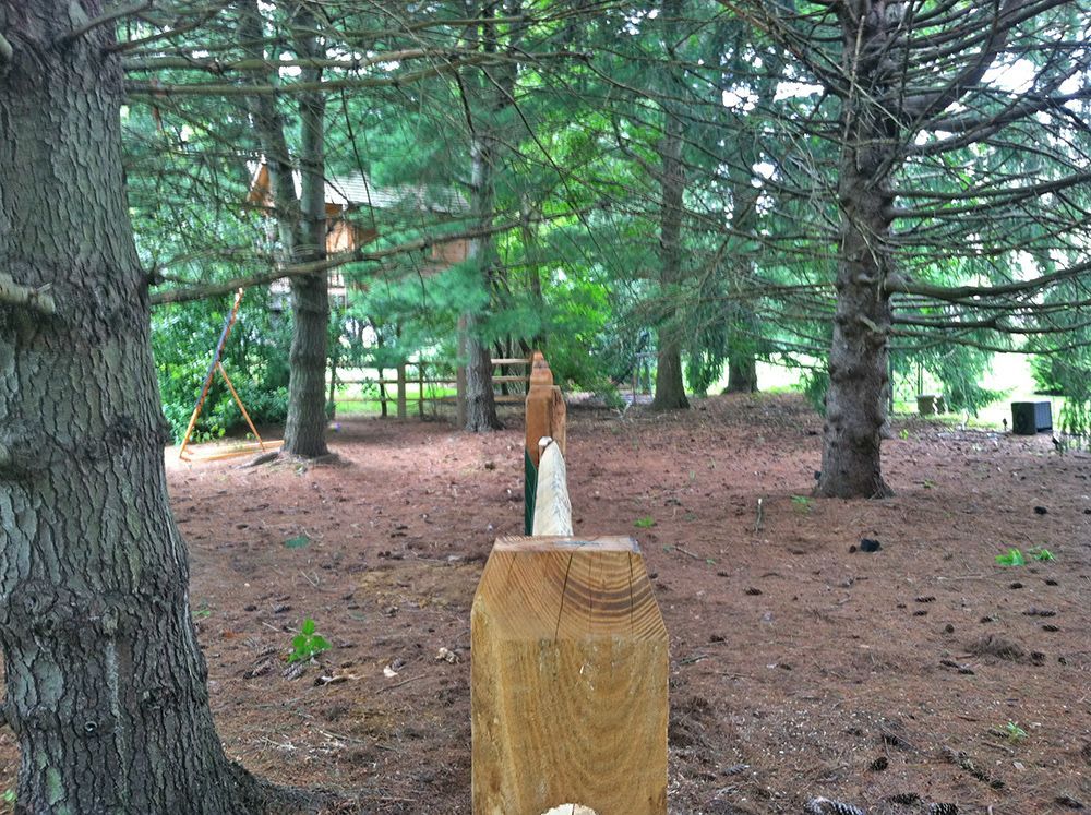 Wooden art sculpture in a forest clearing; several evergreen trees in the background.