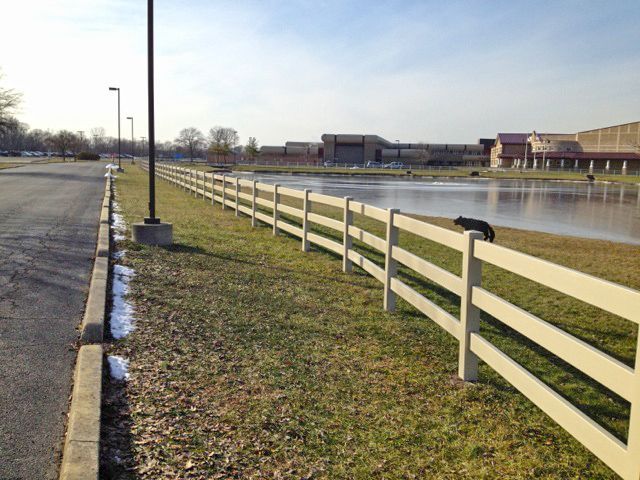 White fence borders a grassy area and pond, with buildings visible in the background on a sunny day.