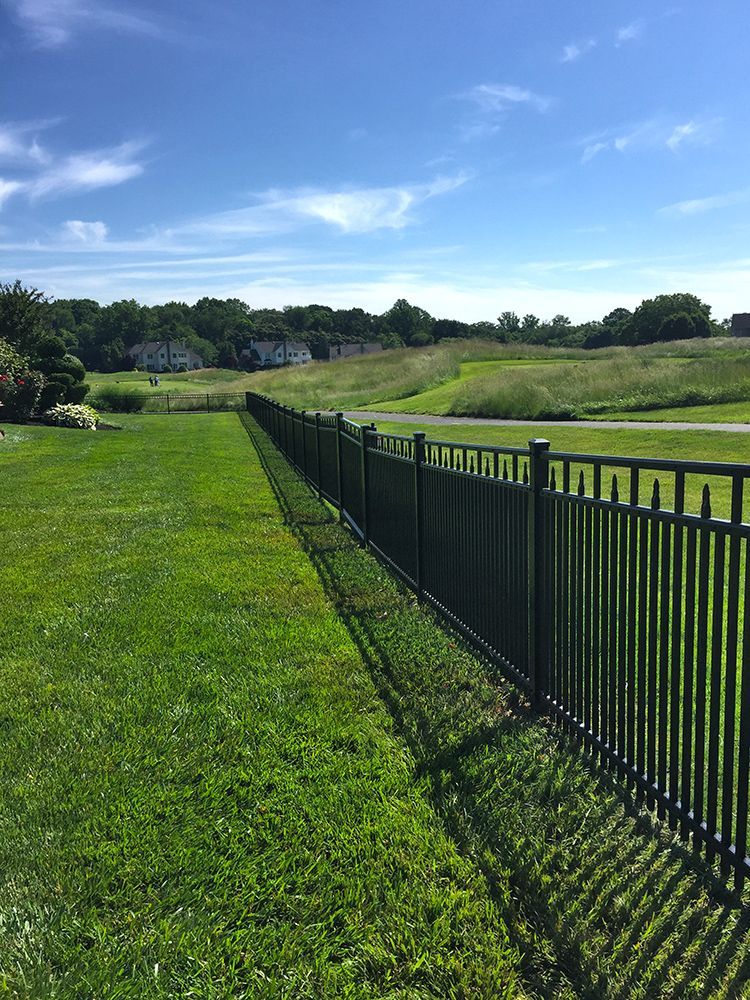 Black metal fence stretches across a green lawn, under a blue sky with clouds.