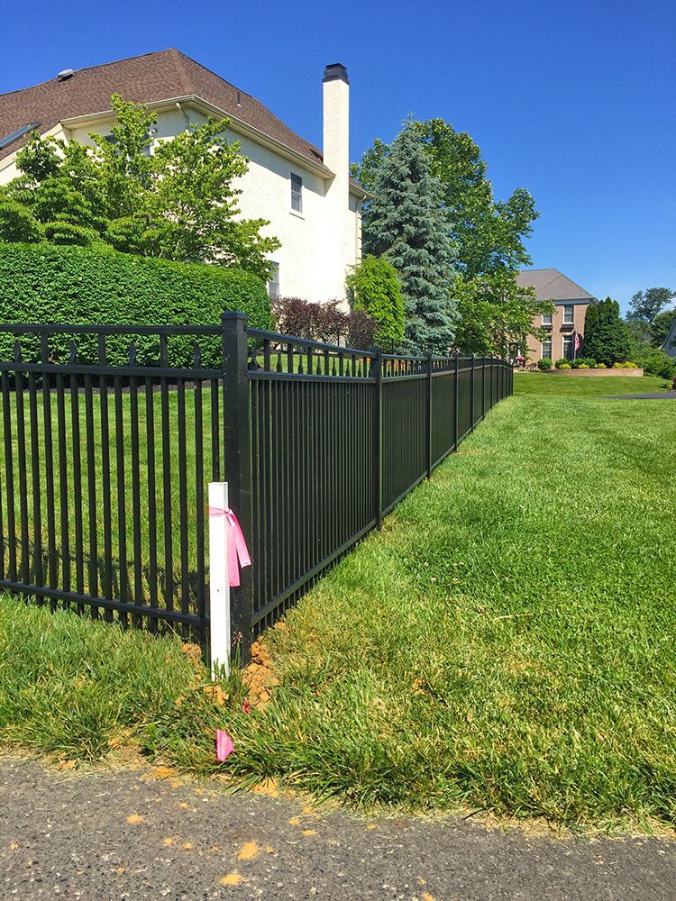 Black metal fence in front of a white house with a green lawn and a blue sky. Pink flags mark the ground.