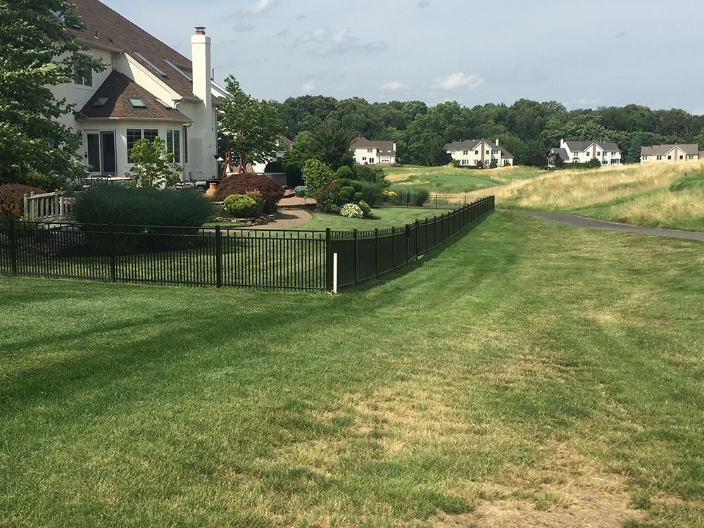 Black fence along a grassy slope next to a residential area with houses and trees.