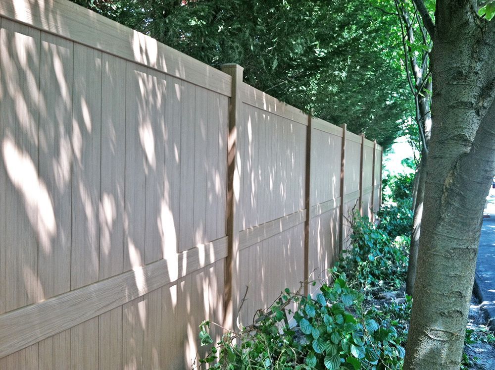 Tan vinyl fence in a shaded area, with tree in the foreground and green foliage at the base.