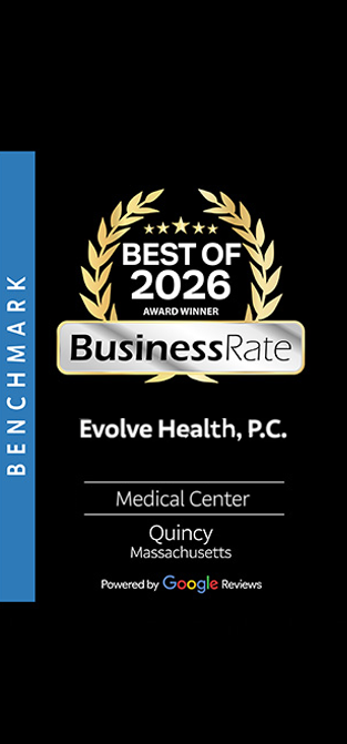 Best of 2026 BusinessRate badge for Evolve Health, P.C., with Medical Center and Quincy Google review text
