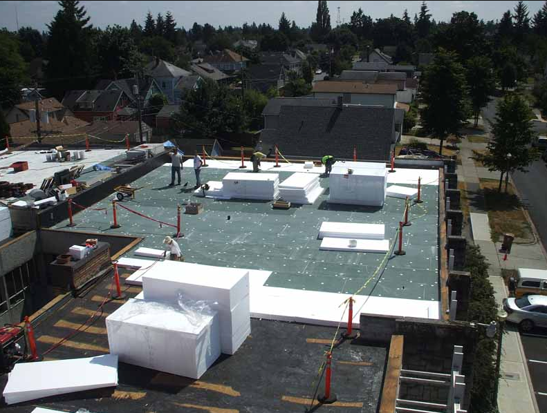 A roof with a lot of styrofoam blocks on it