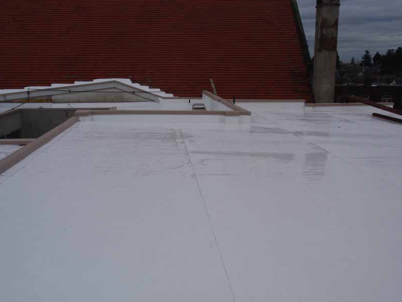 A white roof with a brick building in the background.