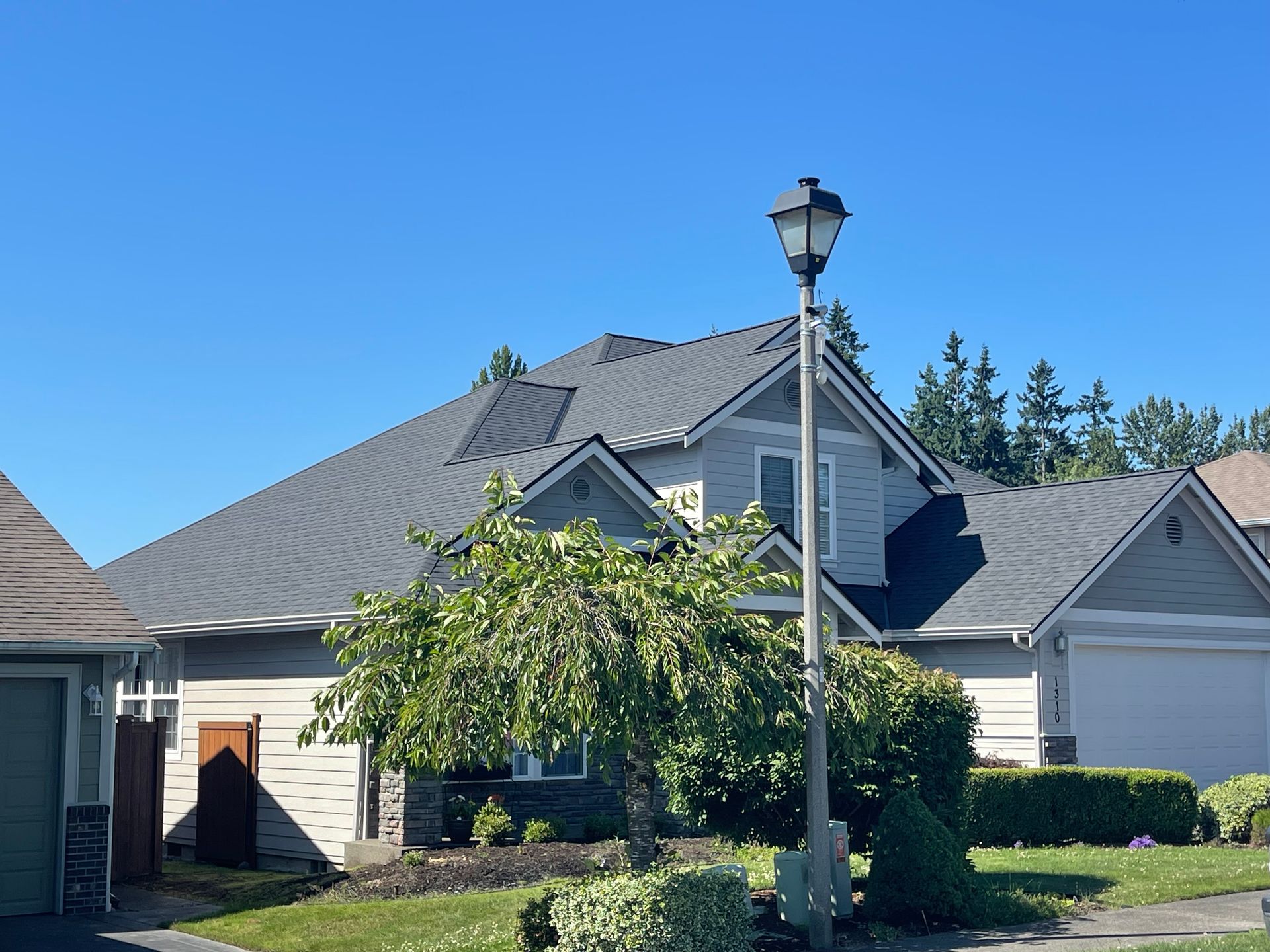 A house with a tree in front of it and a street light